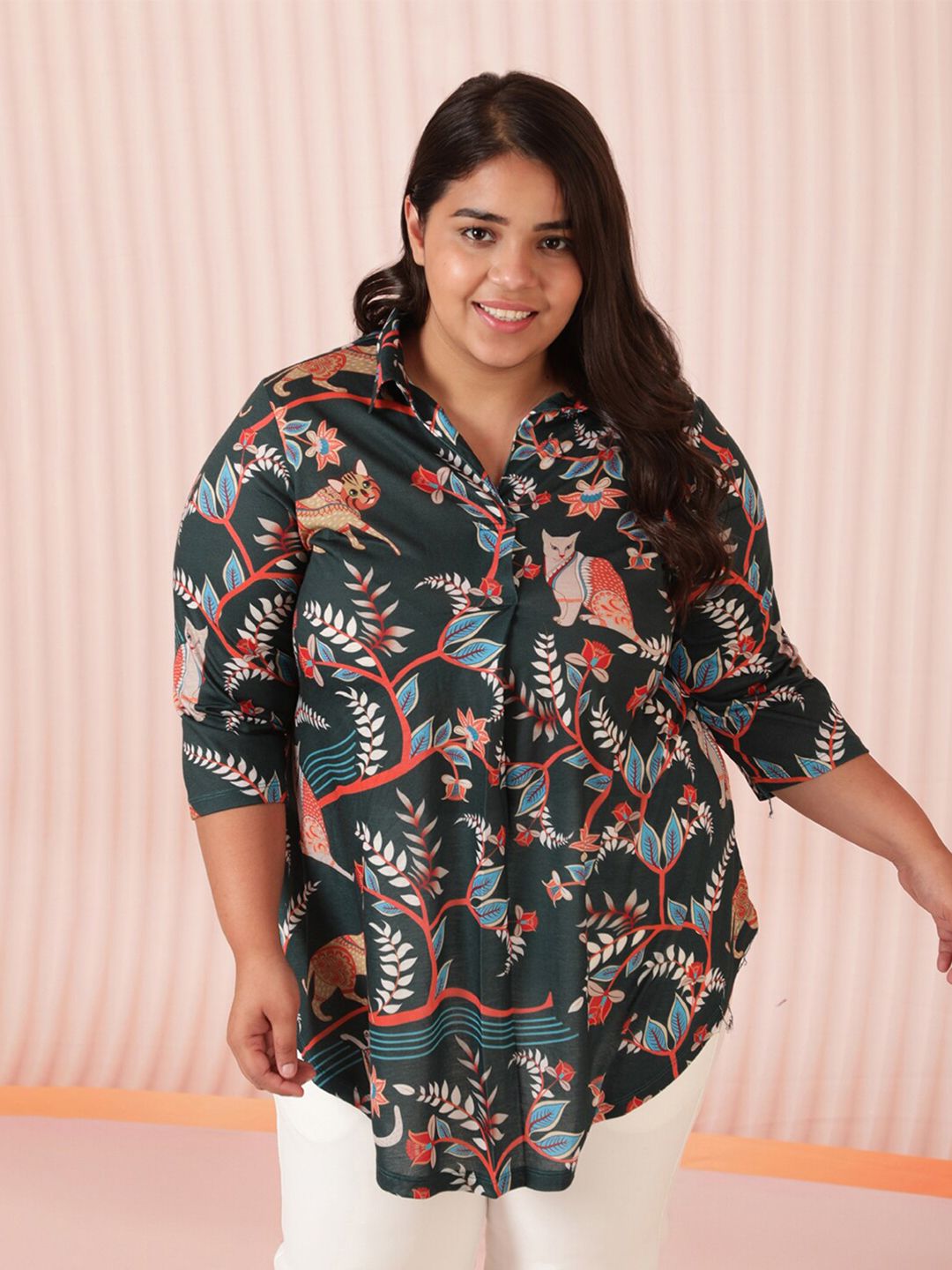 Amydus Women Plus Size Green & Orange Floral Printed Shirt Style Top Price in India