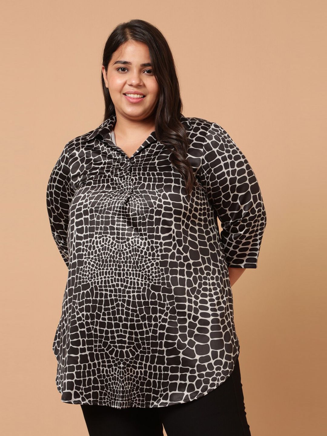 Amydus Women Plus Size Black Printed Shirt Style Top Price in India