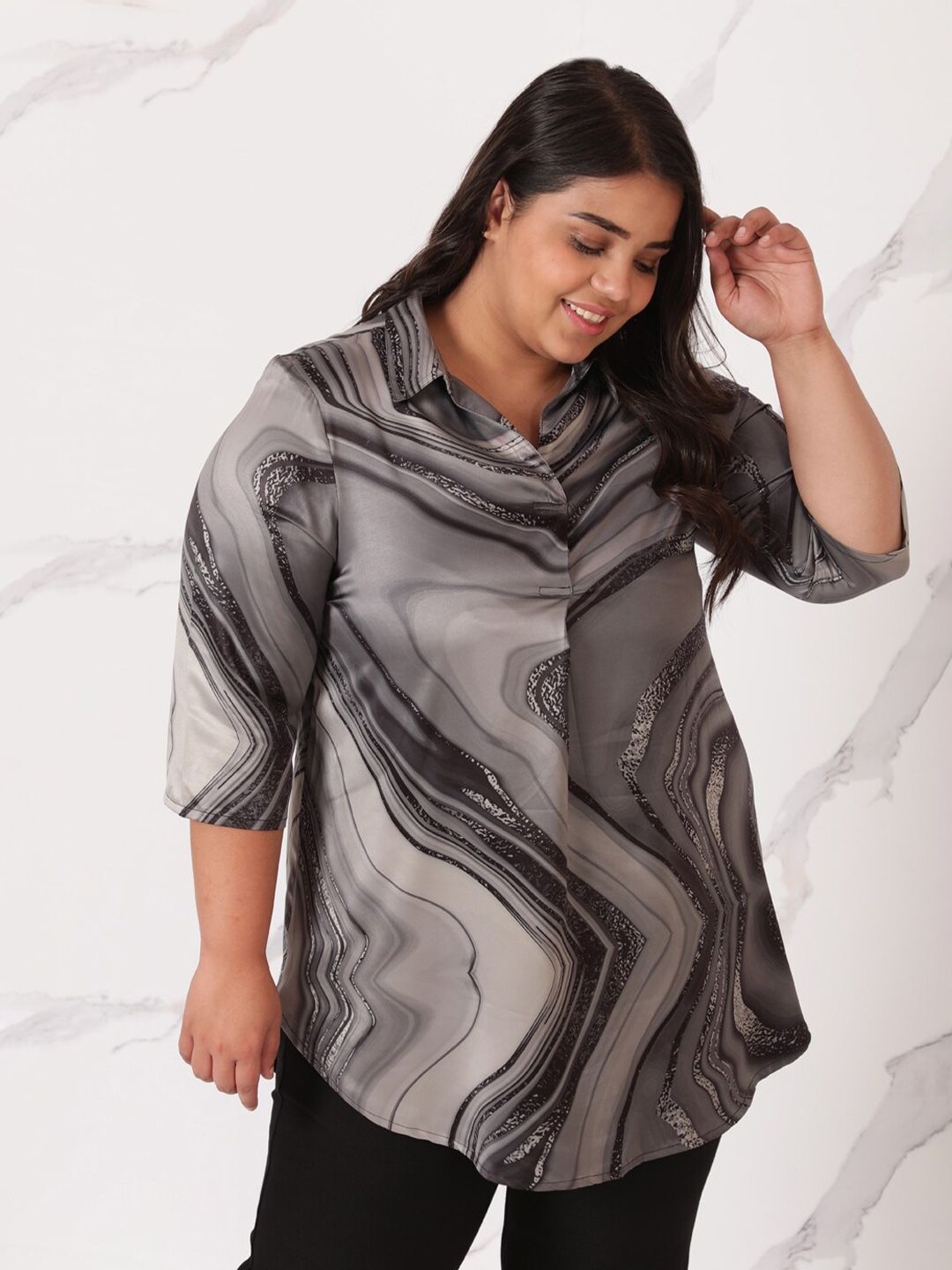 Amydus Plus Size Women Black Print Shirt Style Top Price in India