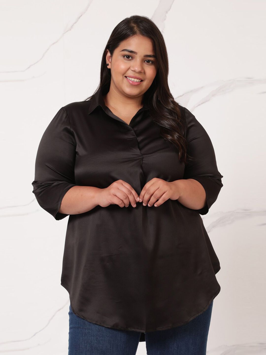 Amydus Women Plus Size Solid Shirt Style Top Price in India