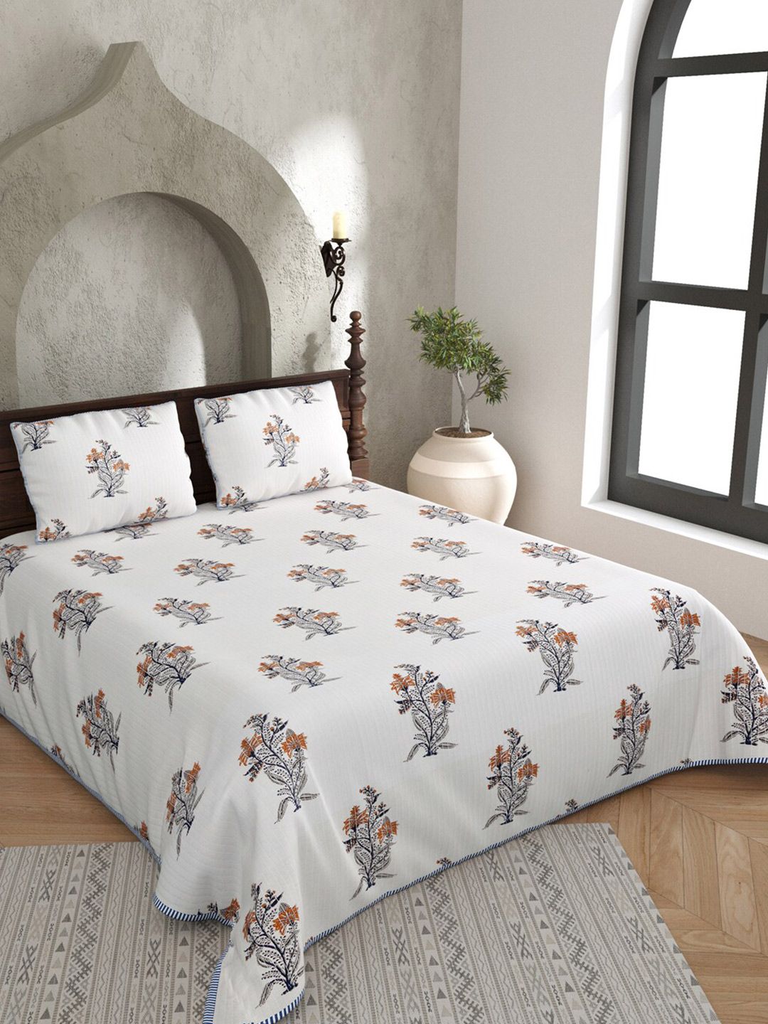 JAIPUR FABRIC White & Blue Floral AC Room 150 GSM Double Bed Blanket With 2 Pillow Covers Price in India