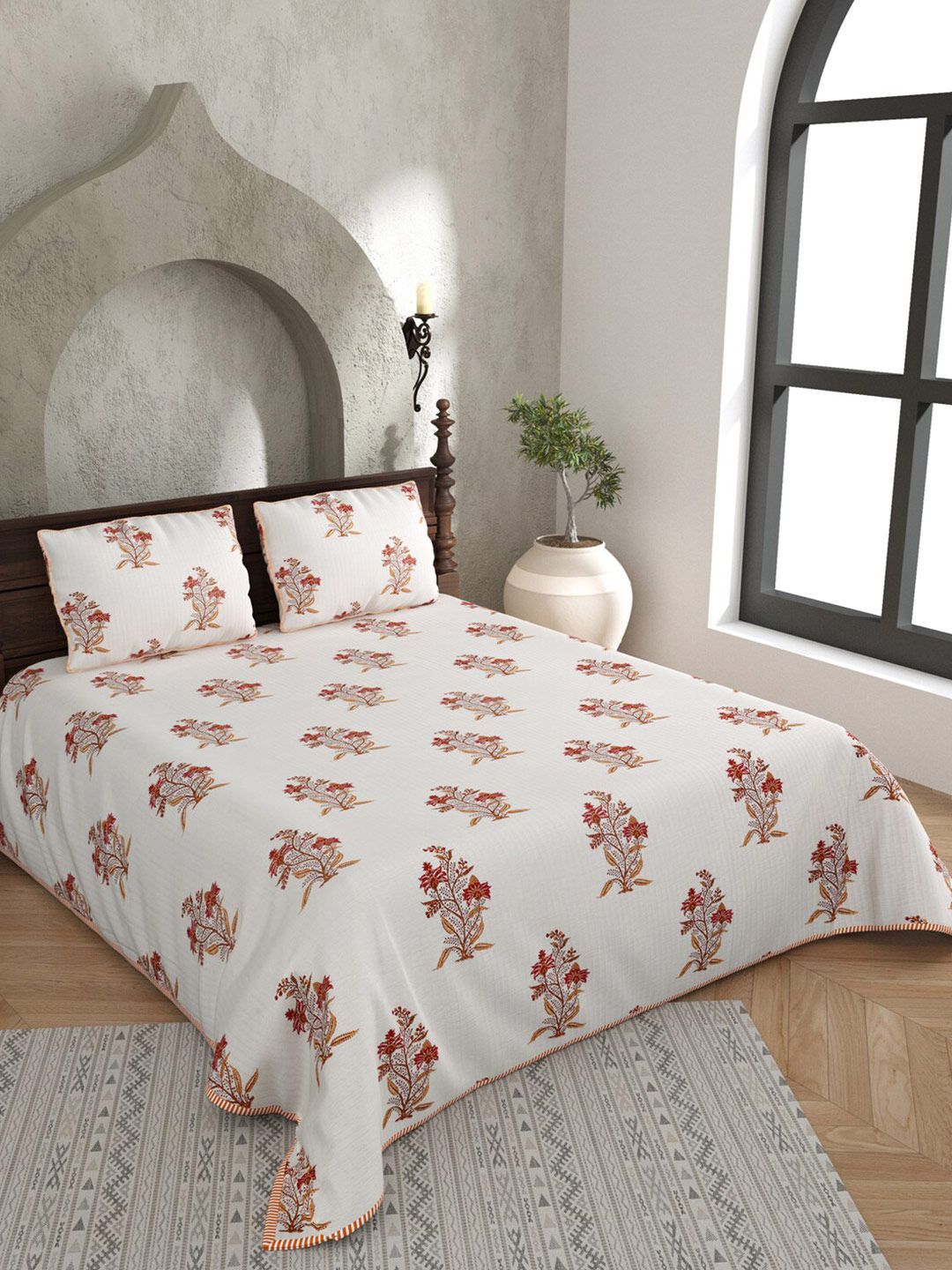 JAIPUR FABRIC White & Red Floral AC Room 150 GSM Double Bed Blanket with 2 Pillowcases Price in India