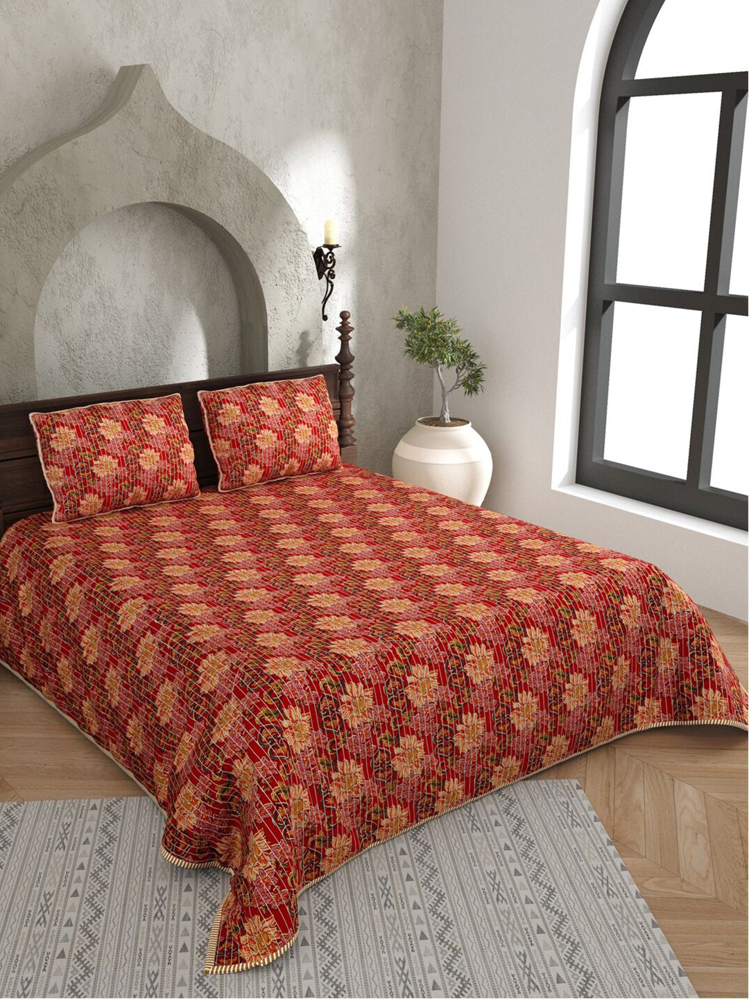 JAIPUR FABRIC Red & Yellow Floral AC Room 150 GSM Double Bed Blanket With 2 Pillow Covers Price in India