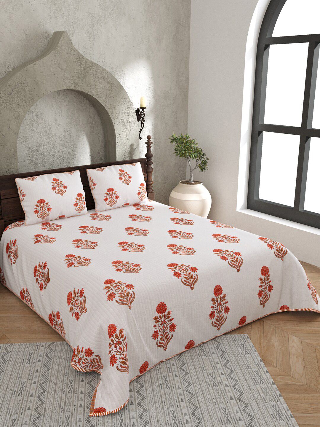 JAIPUR FABRIC White & Orange Floral Pure Cotton AC Room 150 GSM Double Bed Blanket Price in India