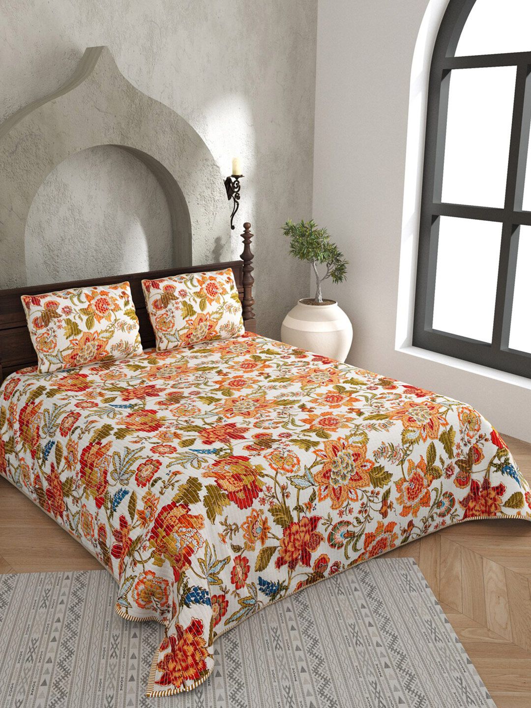 JAIPUR FABRIC Beige & Orange Floral Pure Cotton AC Room 150 GSM Double Bed Blanket Price in India