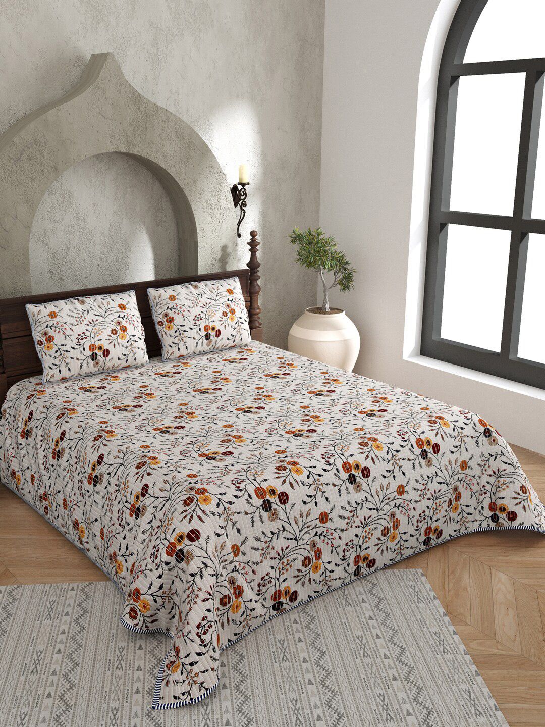 JAIPUR FABRIC Off White & Grey Floral Pure Cotton AC Room 150 GSM Double Bed Blanket Price in India