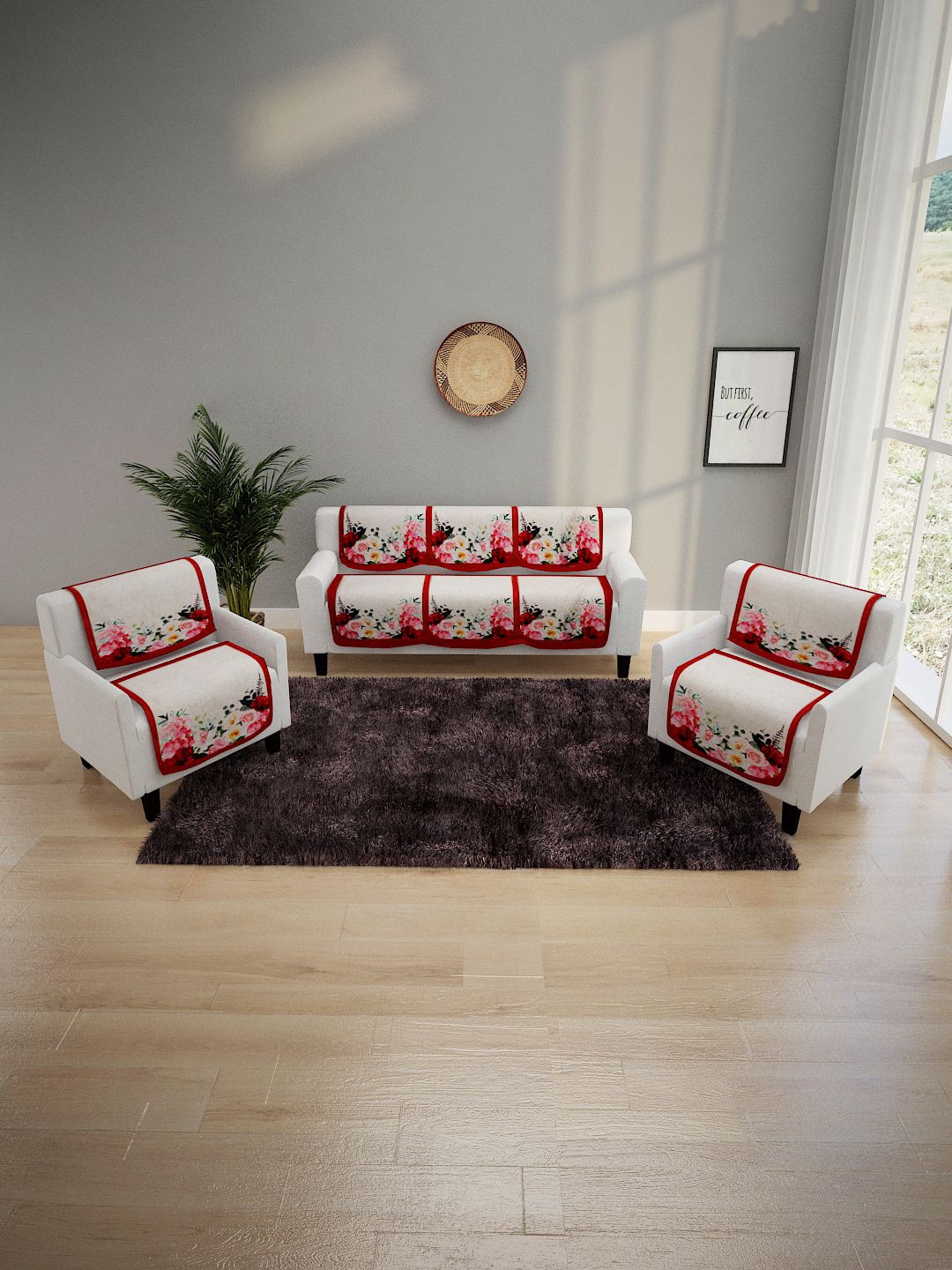 ROMEE Beige & Maroon Floral Design 5 Seater Sofa Cover Price in India