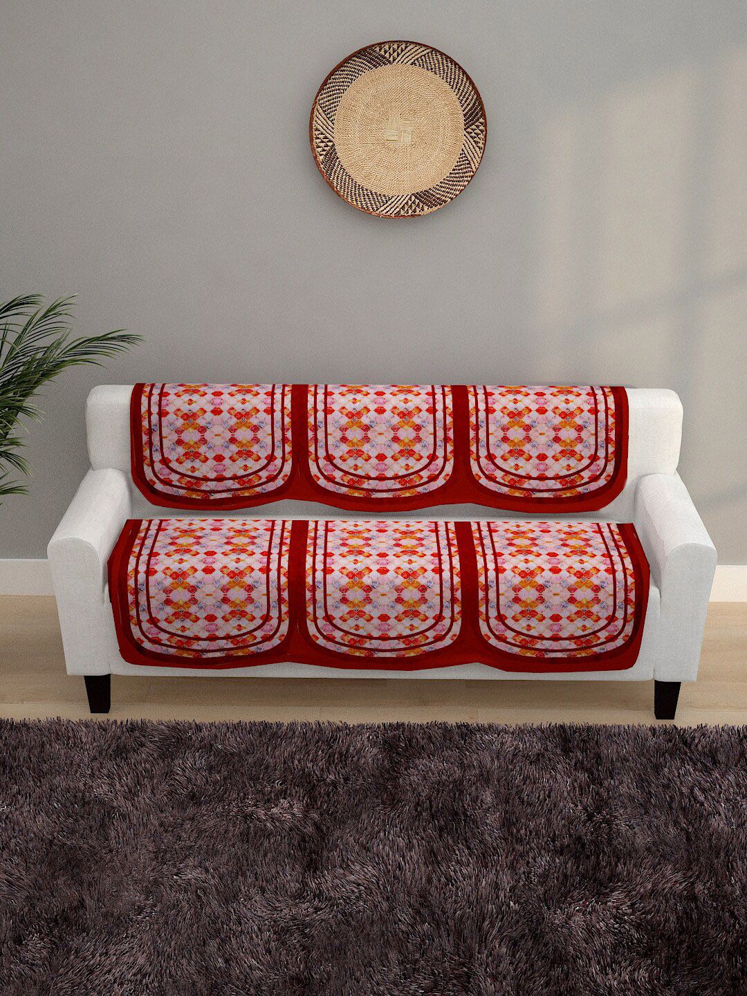 ROMEE Set Of 6 Red Ethnic Motifs 5-Seater Soft Polyester Velvet Sofa Cover Price in India
