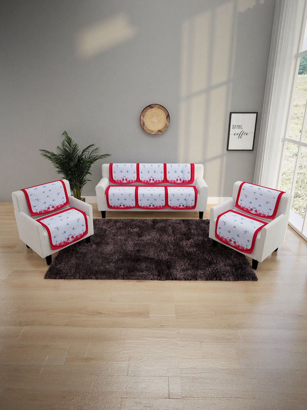 ROMEE White & Pink Butterfly Printed 6 Piece 5-Seater Sofa Covers Price in India
