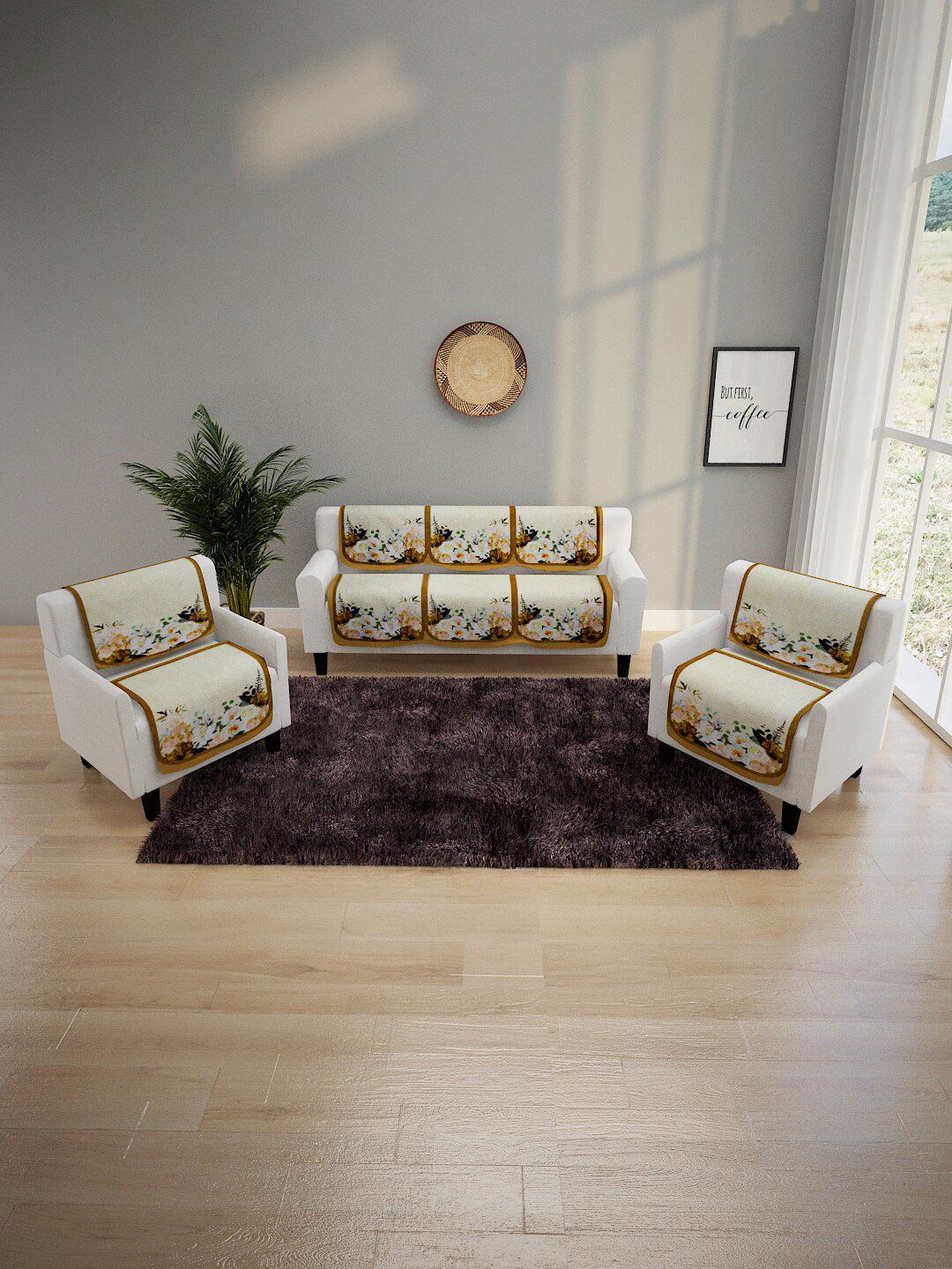 ROMEE Set of 6 Beige & Brown Floral Printed 5-Seater Sofa Cover Price in India