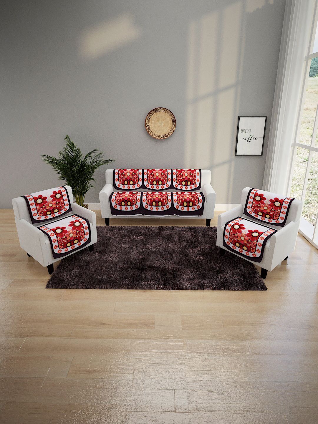 ROMEE 6 Pieces Maroon Floral Design 5-Seater Soft Polyester Velvet Sofa Covers Price in India