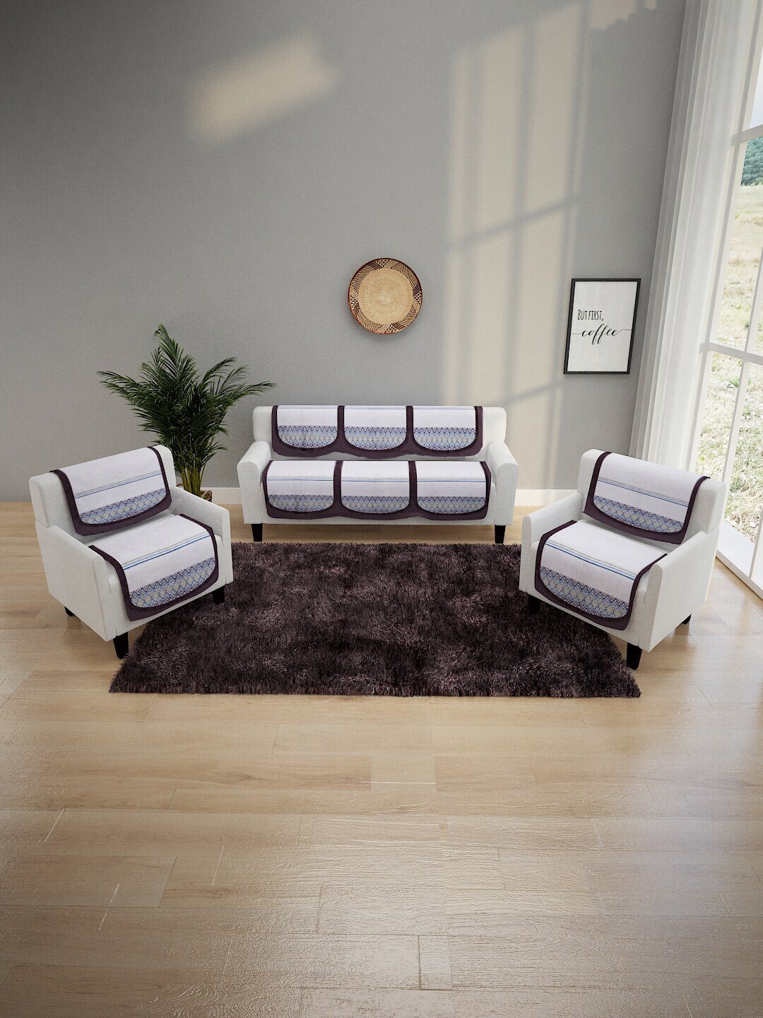 ROMEE Off White 6 Pieces Geometric Design 5 Seater Velvet Sofa Covers Price in India