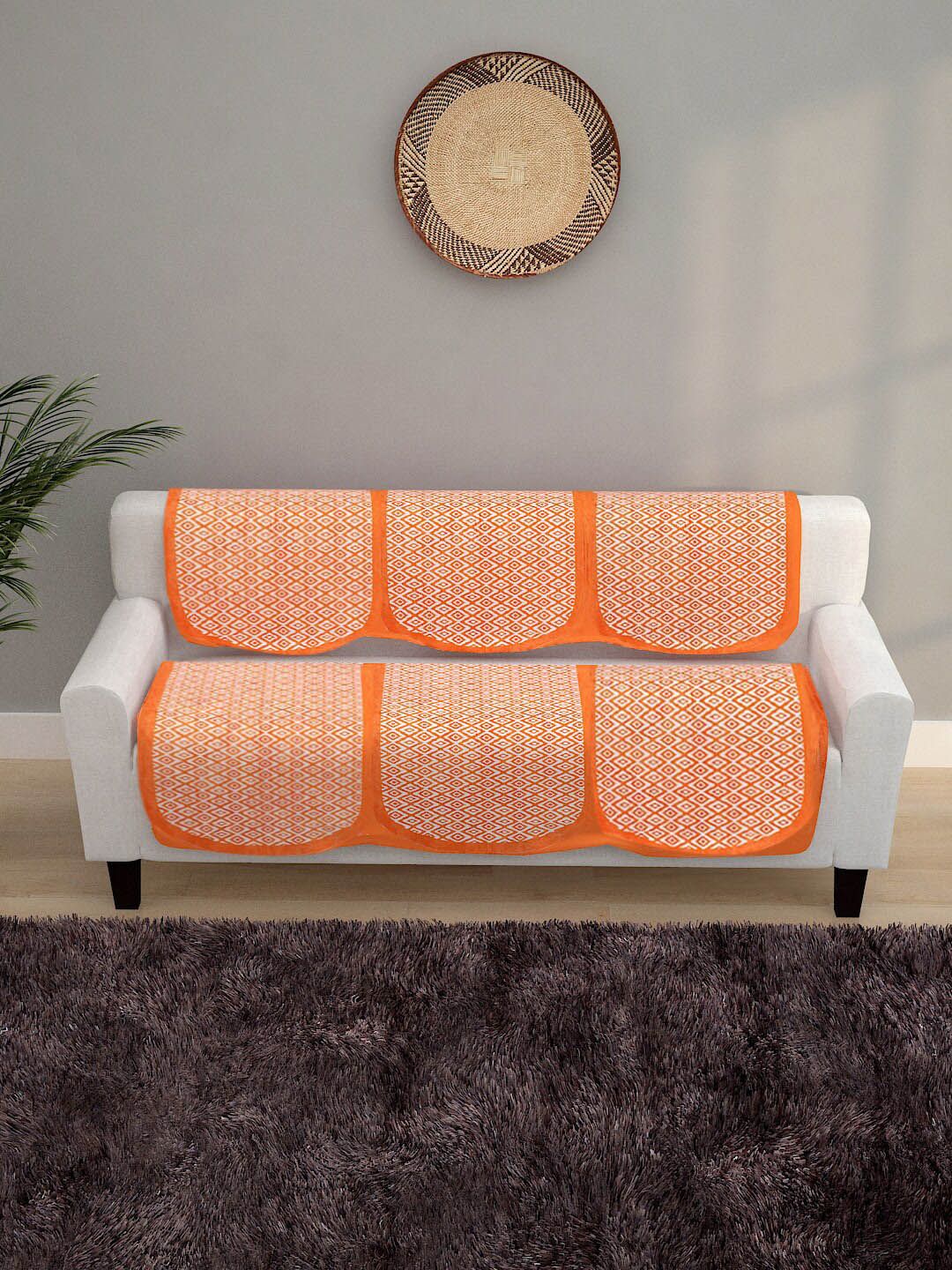 ROMEE Pack Of 6 Orange Geometric Design 5-Seater Sofa Cover Price in India