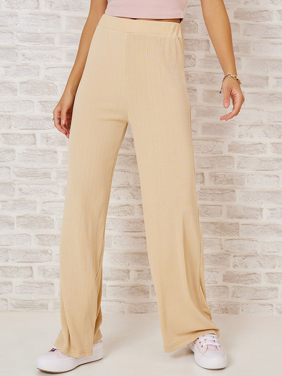 Styli Women Cream-Coloured High Waist Wide Leg Plisse Trousers Price in India