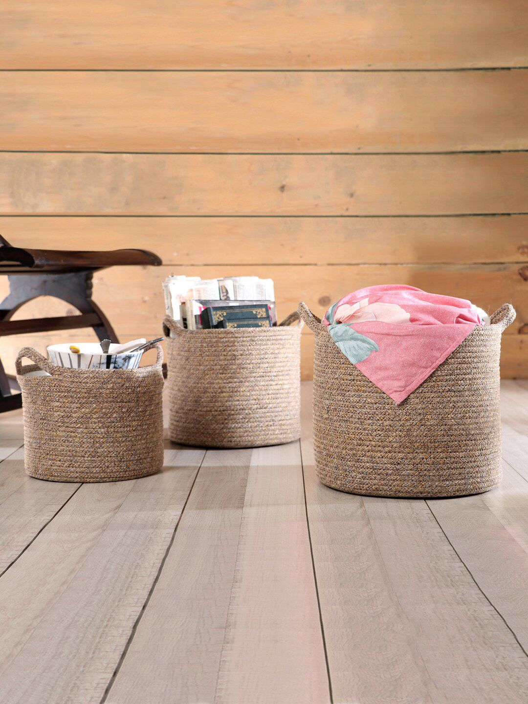 Pano Beige Solid Round Storage Basket With Handles Price in India