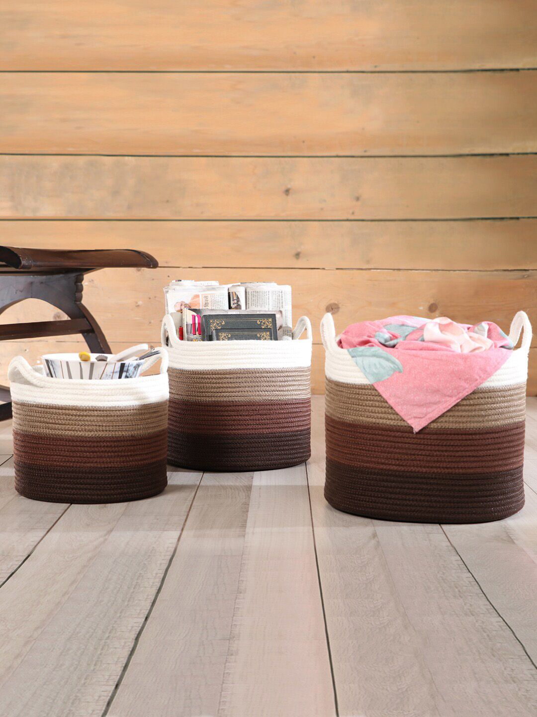 Pano Brown & White Striped Patterned Bamboo Round Storage Basket Price in India