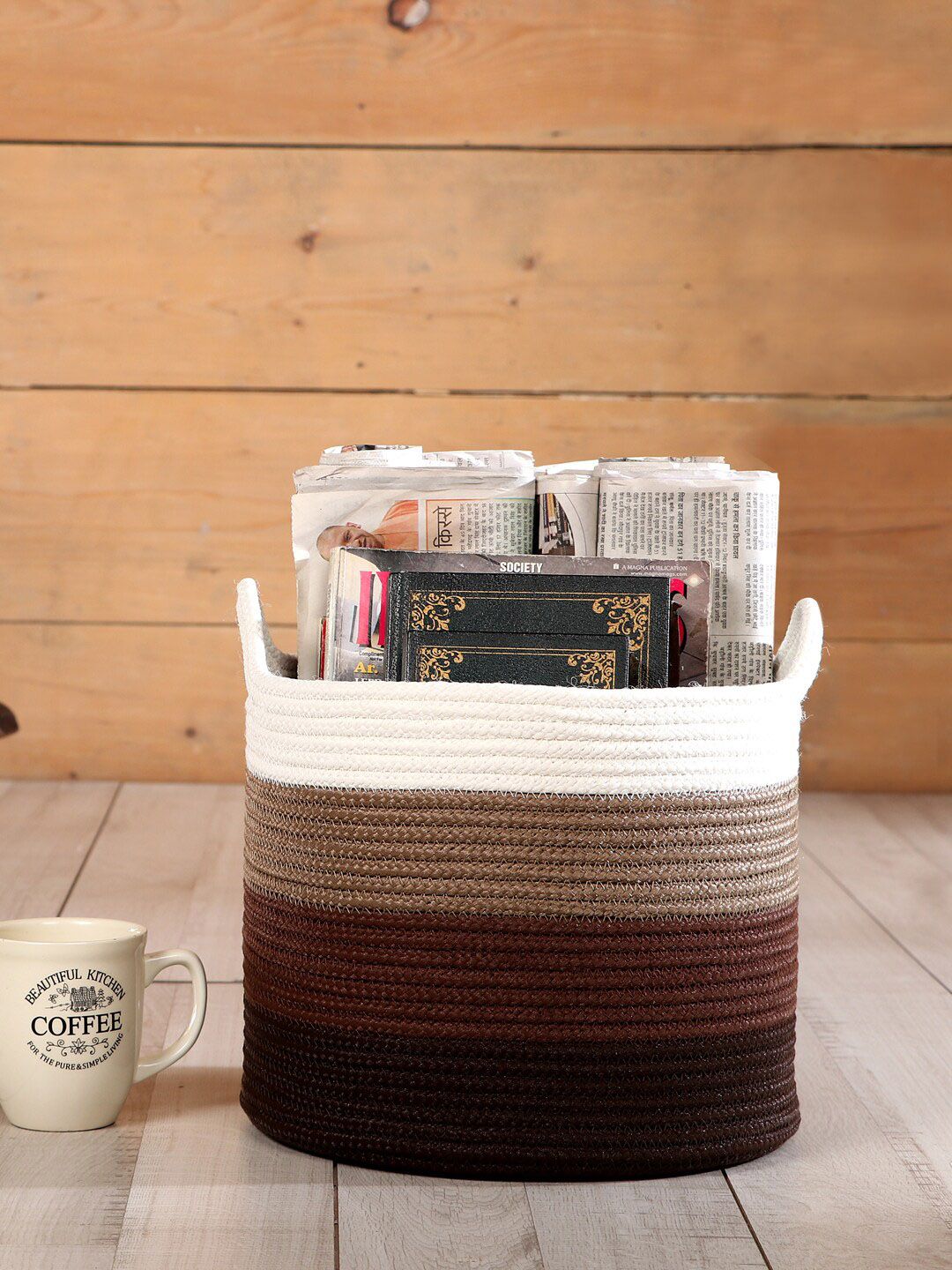 Pano Brown & White Striped Round Storage Basket Price in India