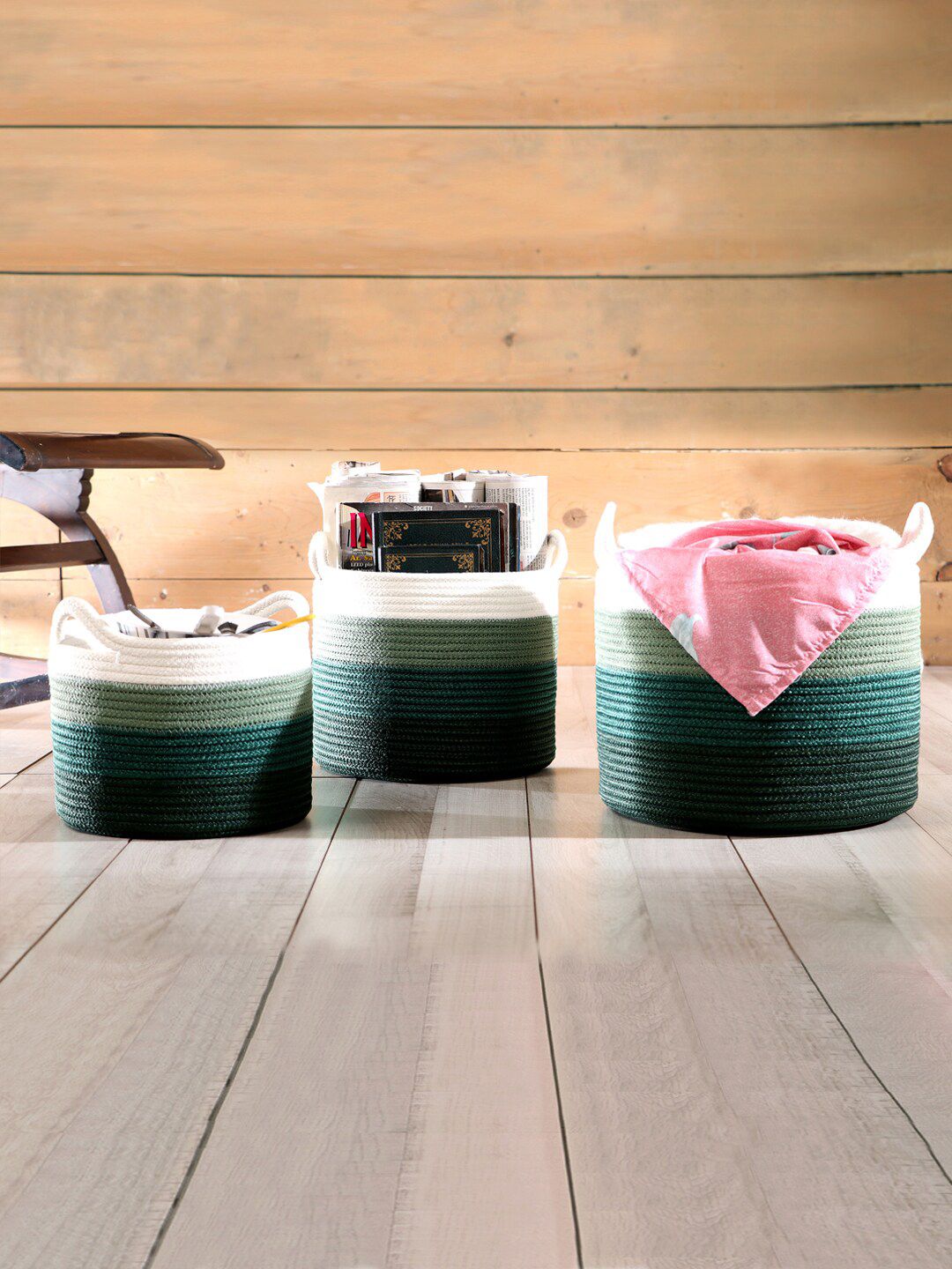 Pano Green & White Striped Patterned Bamboo Round Storage Basket Price in India