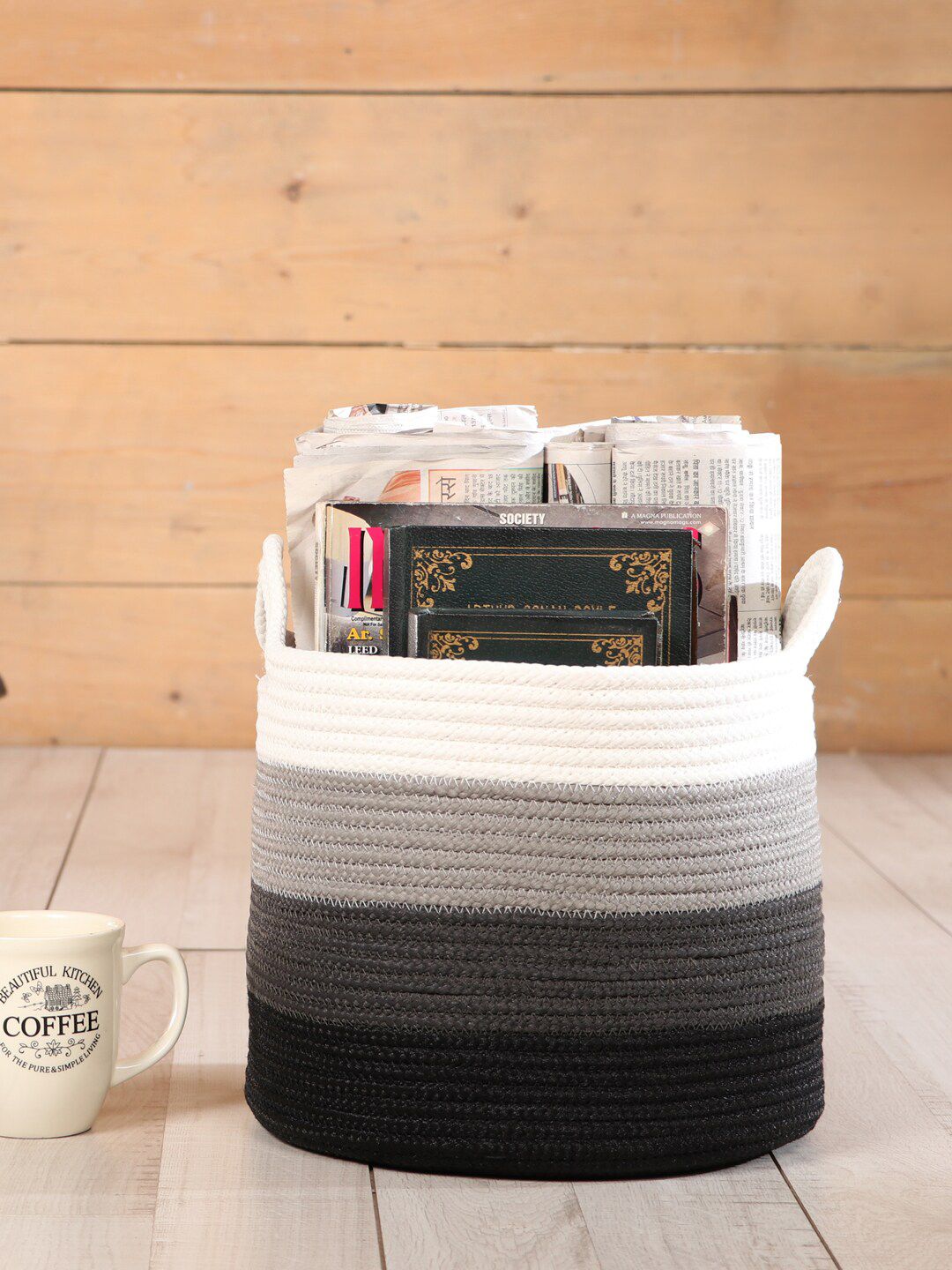 Pano Grey & Black Striped Round Storage Basket With Handles Price in India