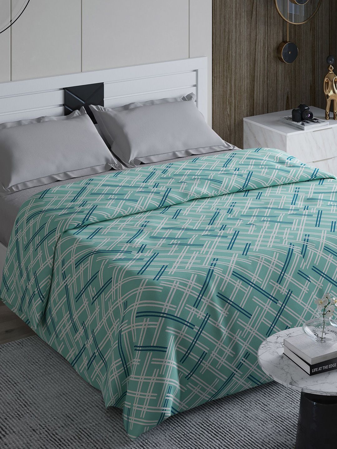 Home Centre Green & White Geometric Summer 550 GSM Double Bed Blanket Price in India