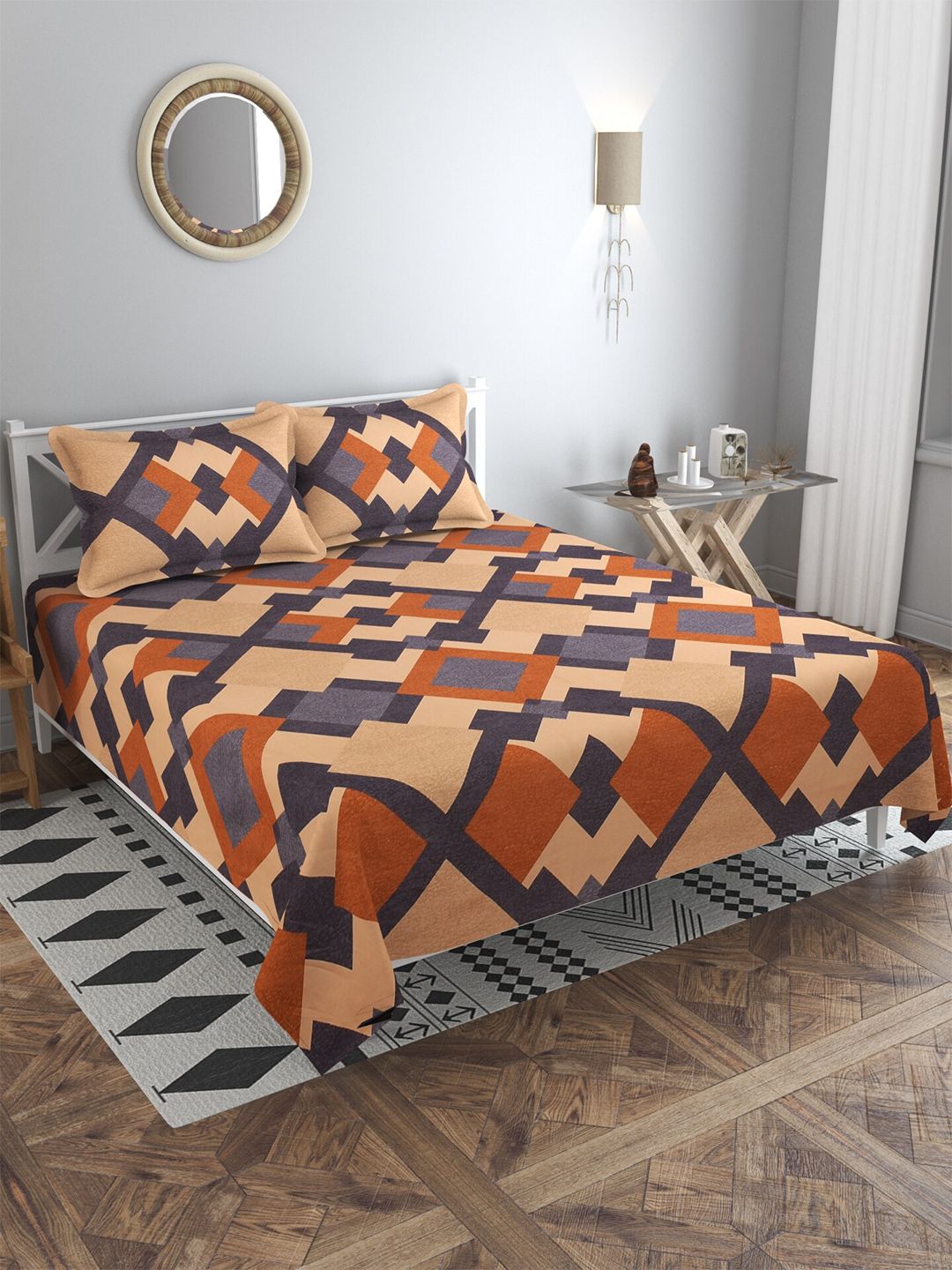 MULTITEX Brown & Grey Geometric 300 TC King Bedsheet with 2 Pillow Covers Price in India
