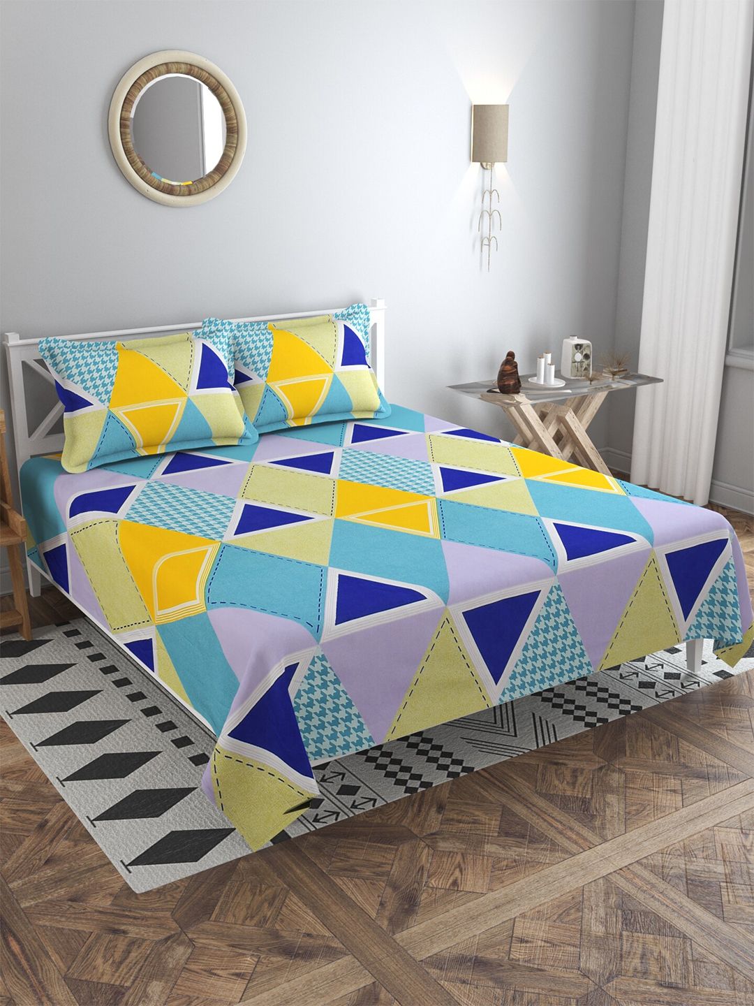 MULTITEX Yellow & Blue Geometric 300 TC King Bedsheet with 2 Pillow Covers Price in India