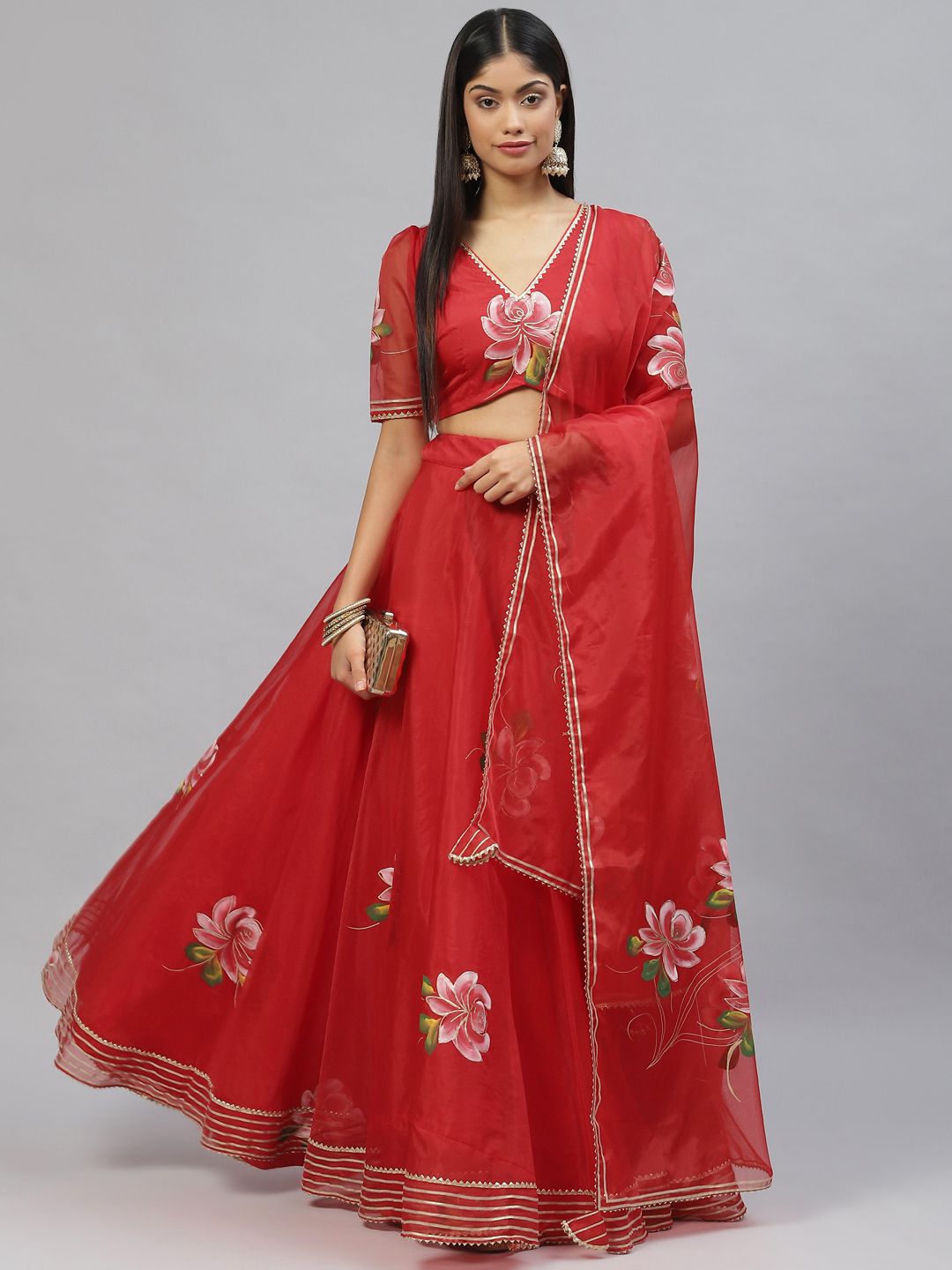 Divena Red & Green Printed Ready to Wear Lehenga & Blouse With Dupatta Price in India