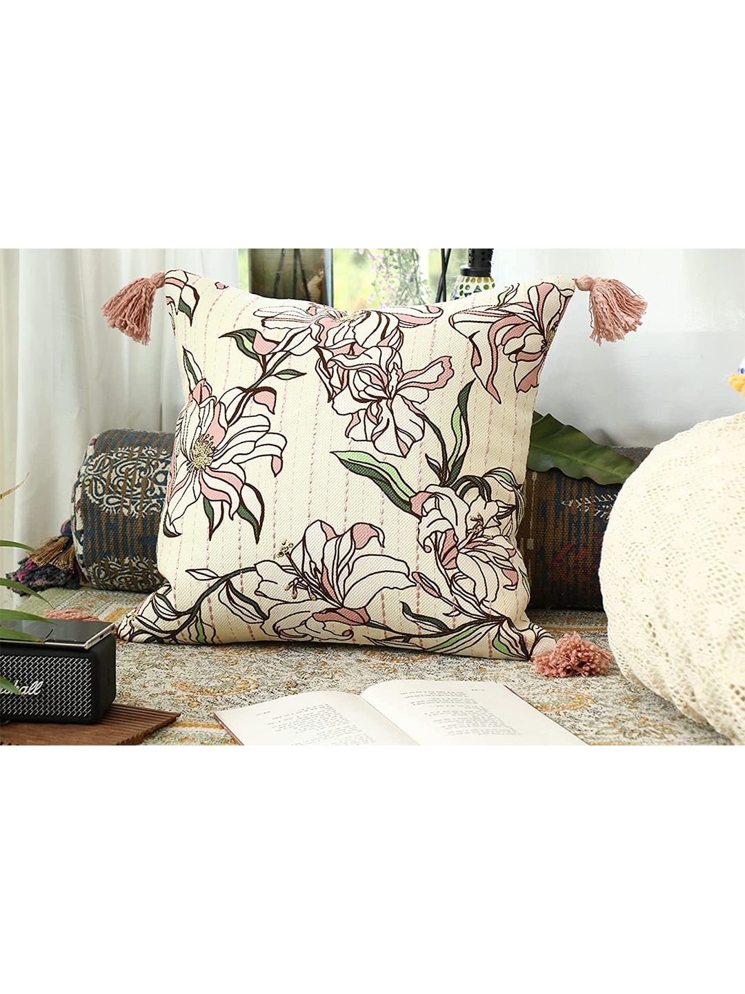 HERE&NOW Beige & Pink Floral Square Cushion Cover Price in India
