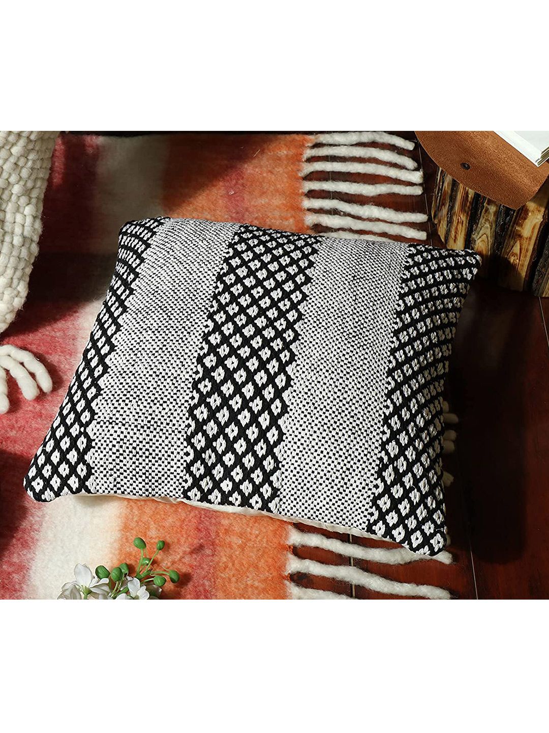 HERE&NOW Black & Grey Geometric Square Cotton Cushion Covers Price in India
