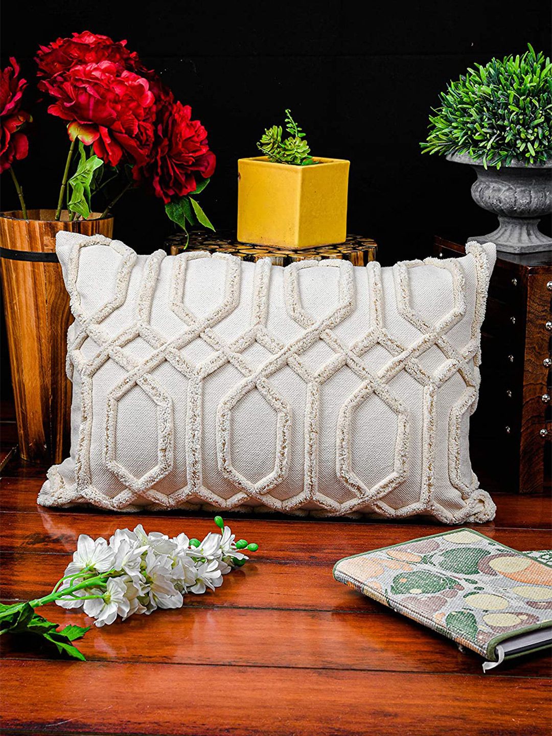 HERE&NOW Beige & White Geometric Square Cotton Cushion Covers Price in India