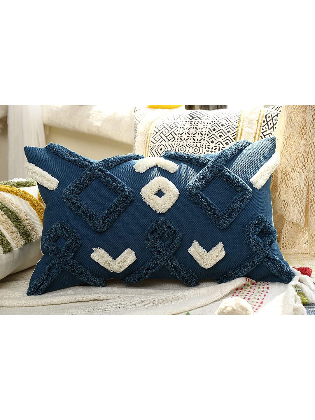HERE&NOW Blue & White Geometric Rectangle Cotton Cushion Covers Price in India