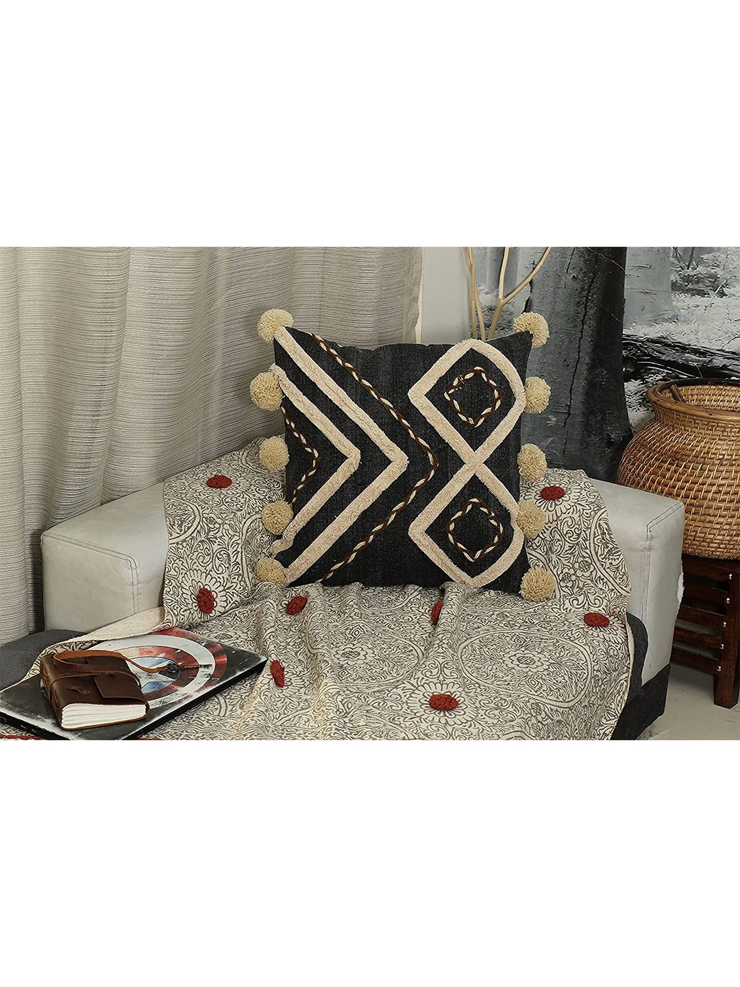 HERE&NOW Black & Cream-Coloured Geometric Square Cotton Cushion Covers Price in India