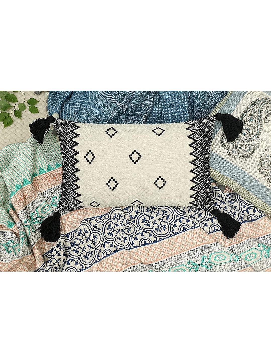 HERE&NOW Off White & Black Geometric Rectangle Cotton Cushion Covers Price in India