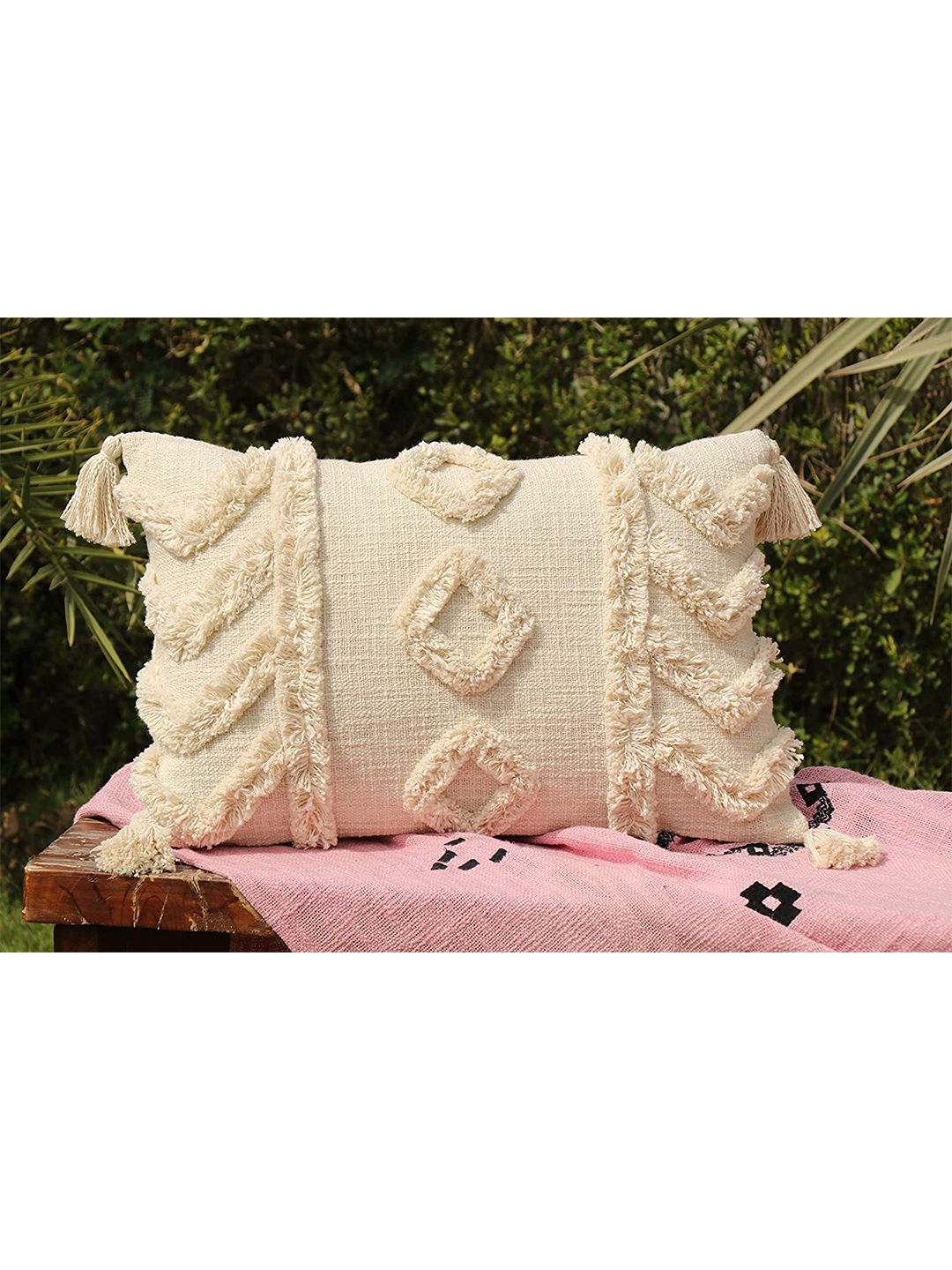 HERE&NOW Cream-Coloured Geometric Square Cotton Cushion Covers Price in India
