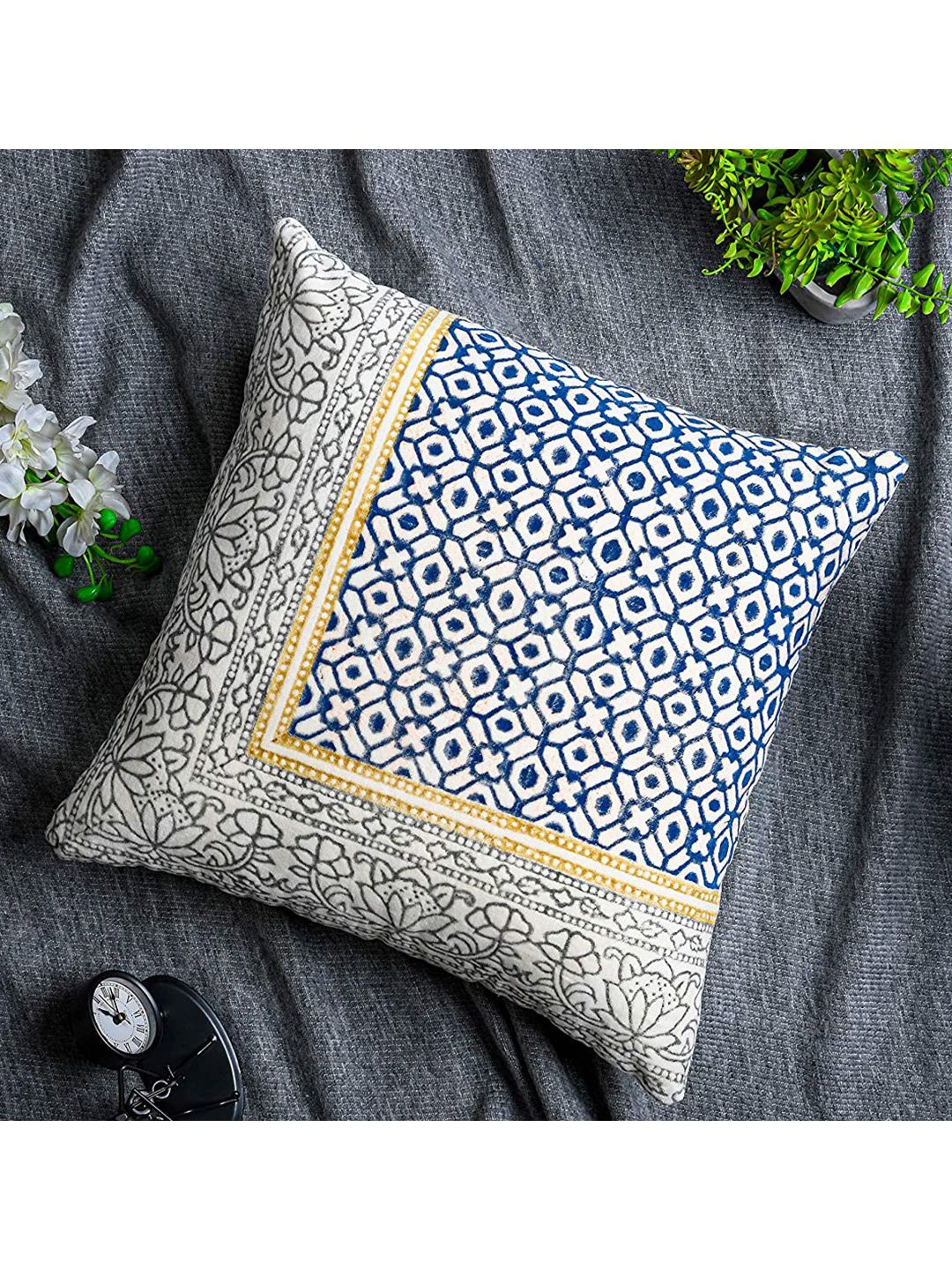 HERE&NOW Cream-Coloured & Blue Geometric Square Cotton Cushion Covers Price in India