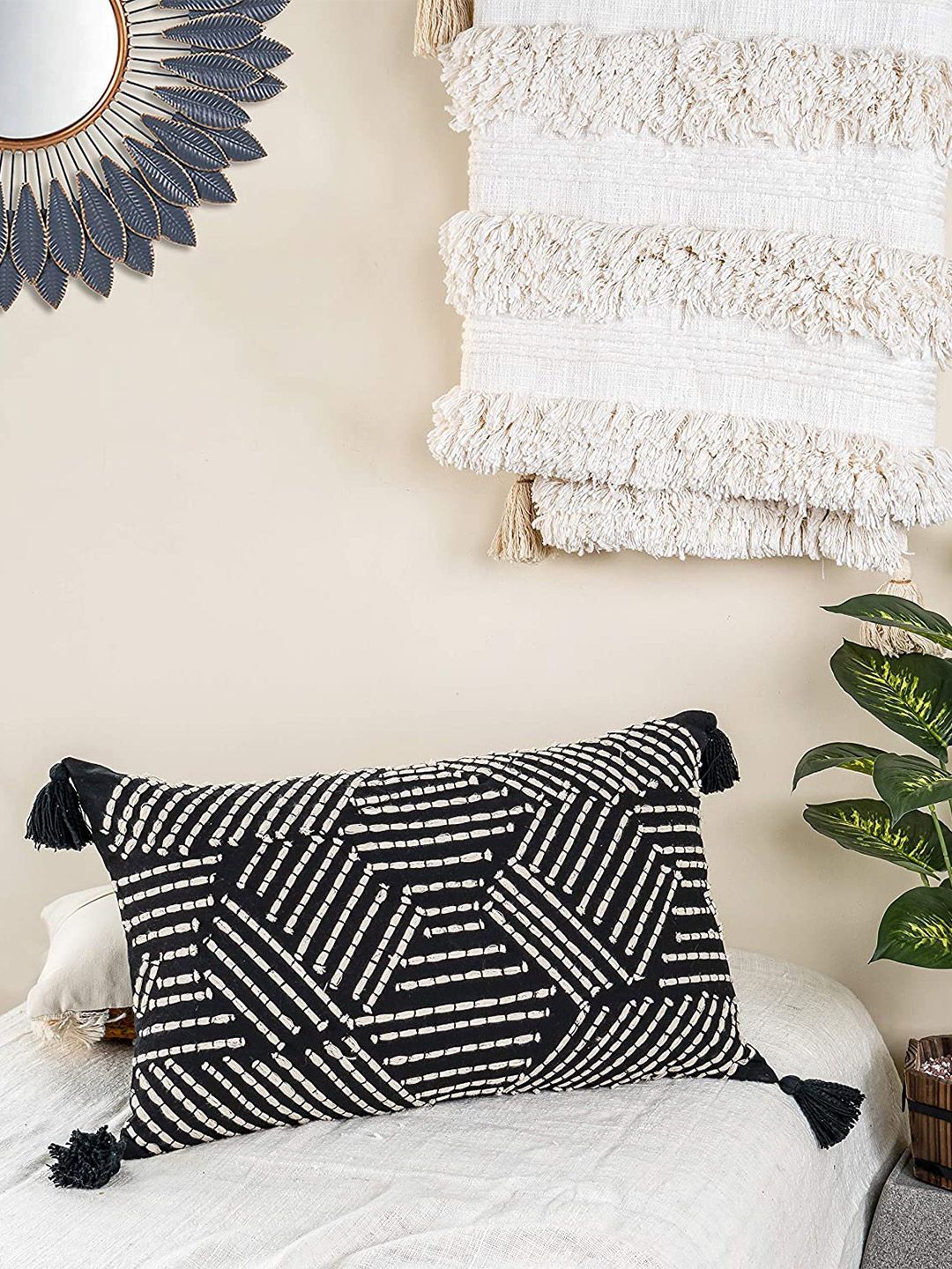HERE&NOW Black & White Geometric Rectangle Cotton Cushion Covers Price in India