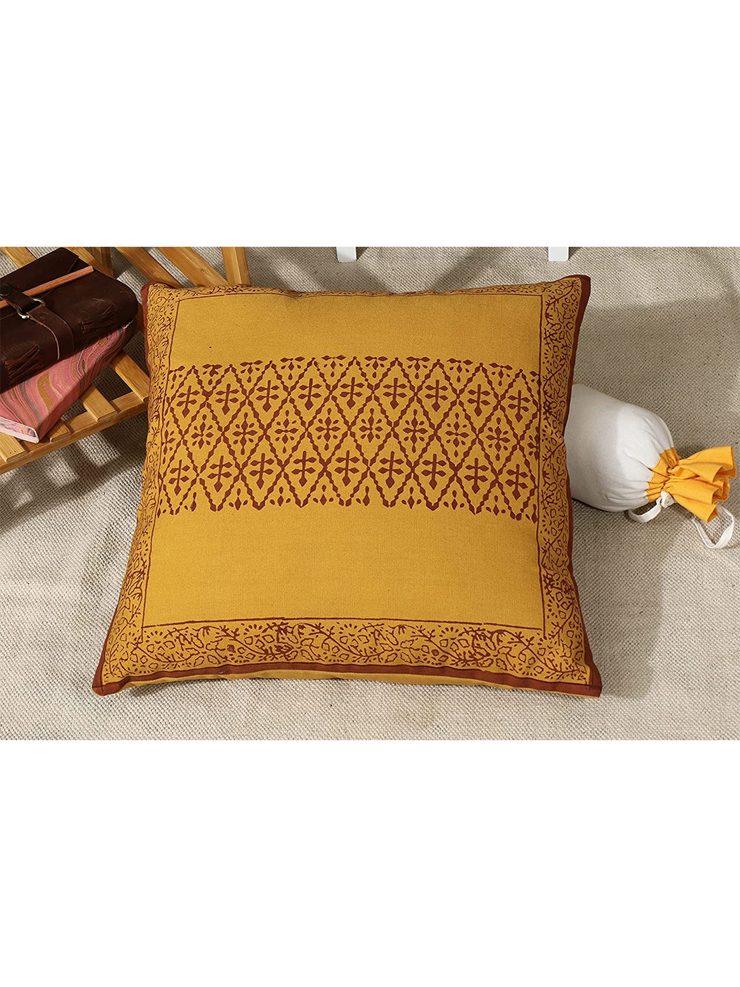 HERE&NOW Orange & Brown Geometric Cotton Square Cushion Covers Price in India