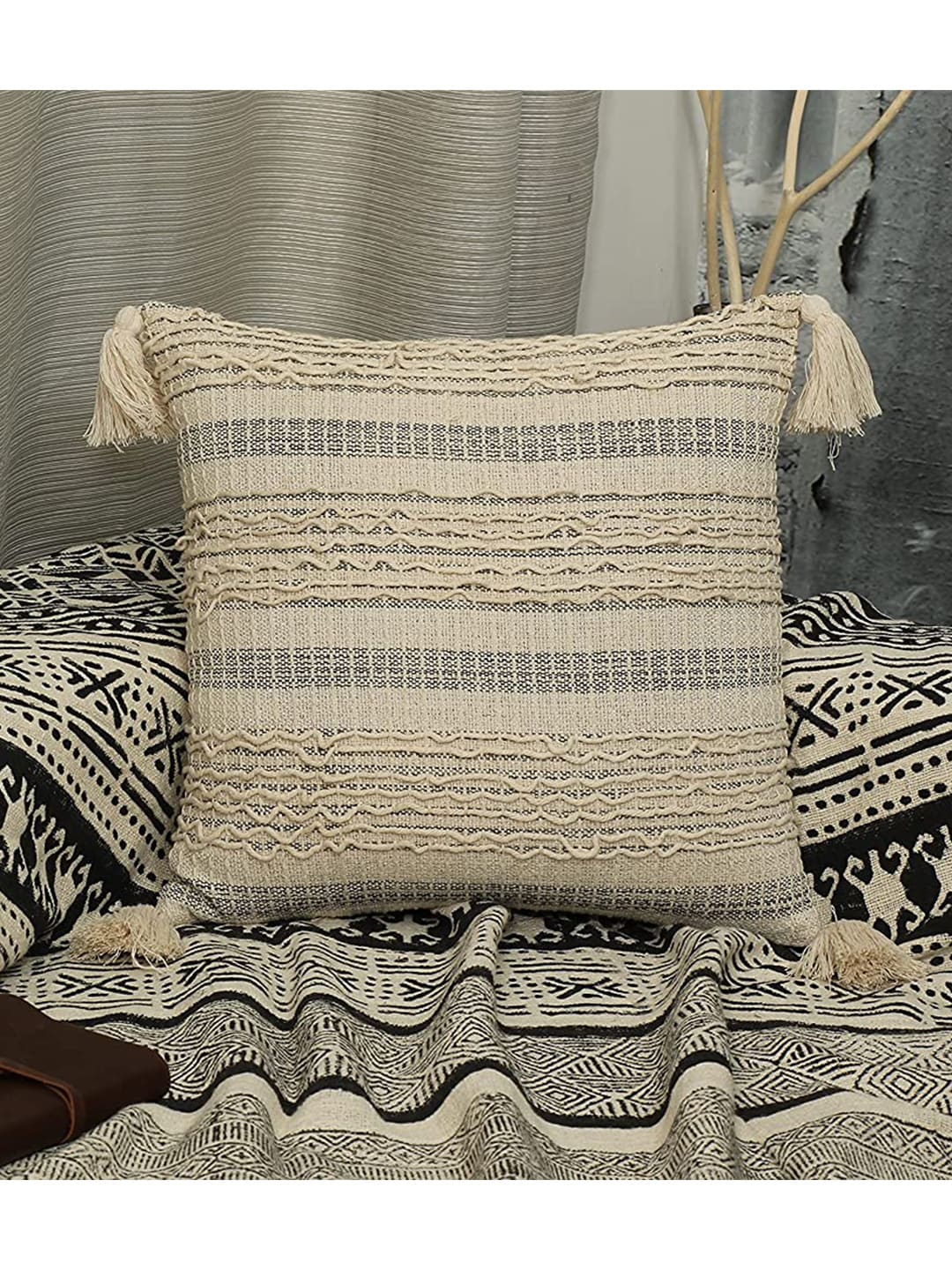 HERE&NOW Cream-Coloured & Grey Embroidered Cotton Square Cushion Covers Price in India