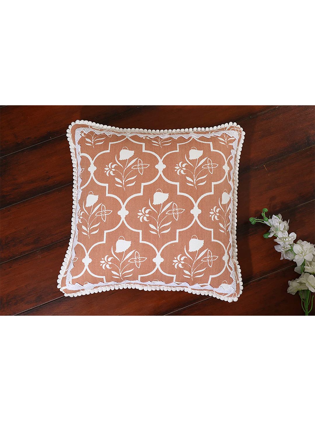 HERE&NOW Brown & White Floral Square Cotton Cushion Covers Price in India
