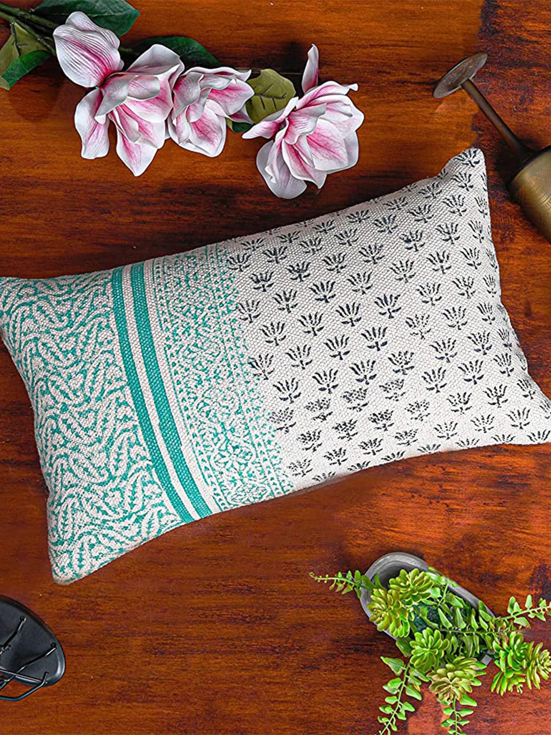 HERE&NOW Green & White Ethnic Motifs Rectangle Cotton Cushion Covers Price in India