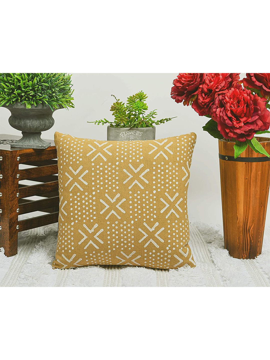 HERE&NOW Yellow & Off White Ethnic Motifs Square Cotton Cushion Covers Price in India
