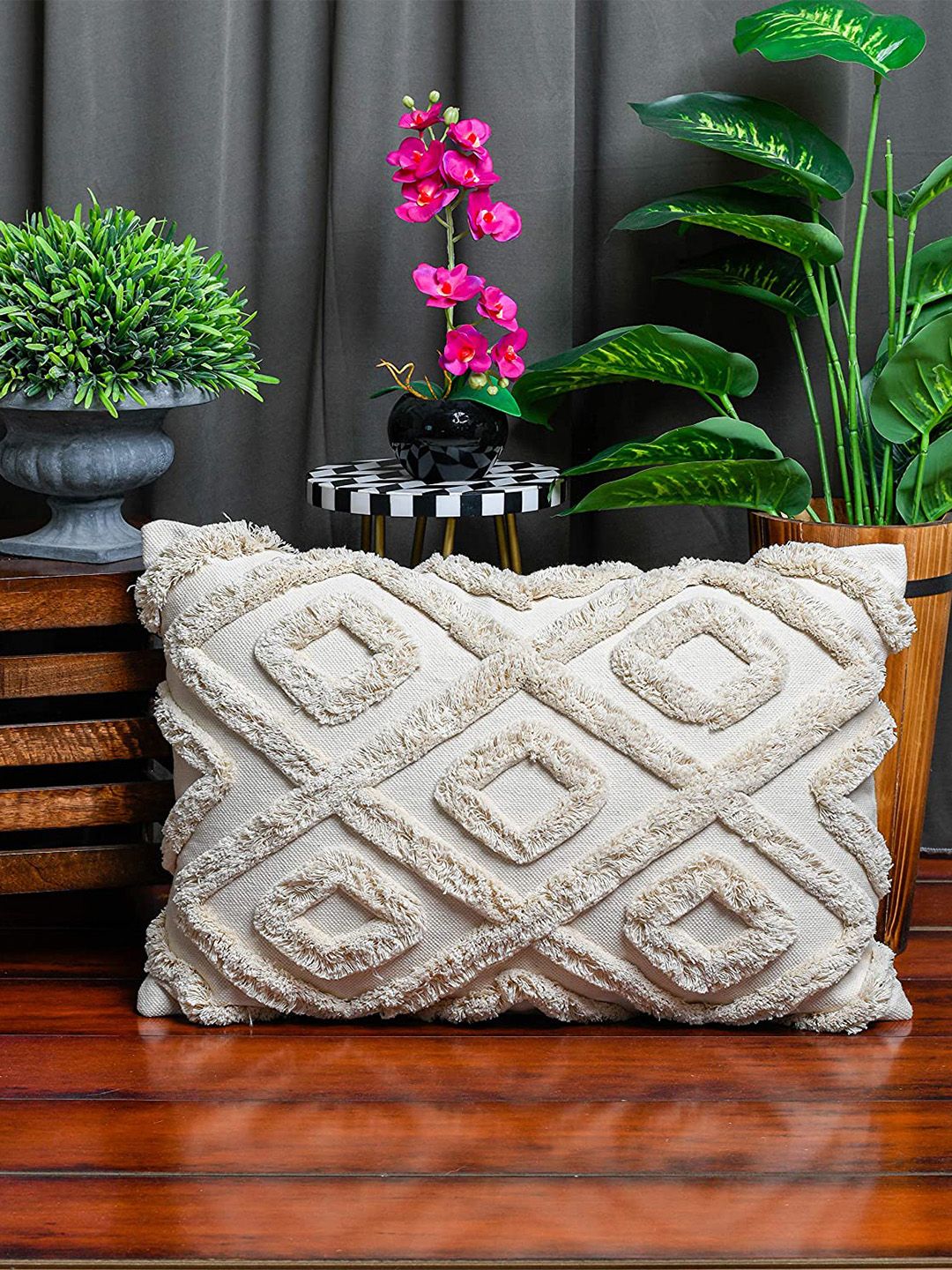 HERE&NOW Off White Textured Rectangle Cotton Cushion Covers Price in India
