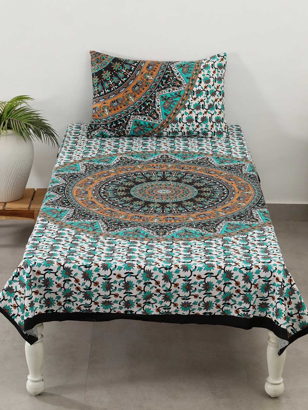 HANDICRAFT PALACE Green 144 TC Elephant Mandala Cotton Single Bedsheet With 1 Pillow Cover Price in India