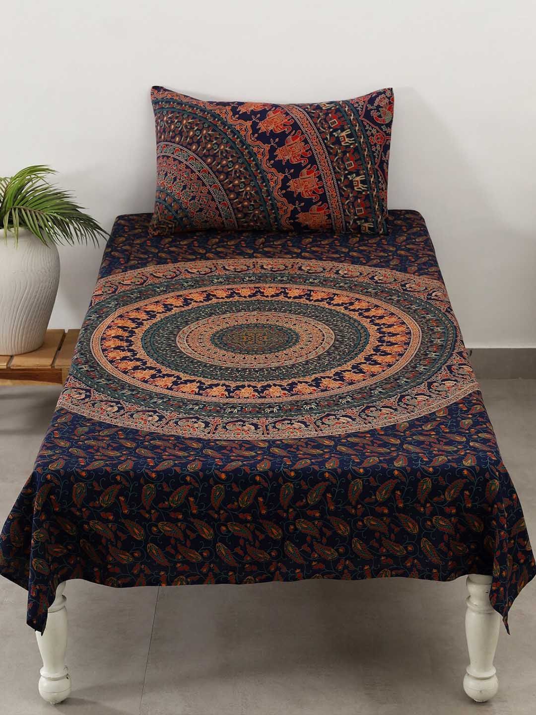 HANDICRAFT PALACE Blue 144 TC Mandala Print Cotton Single Bedsheet With 1 Pillow Cover Price in India