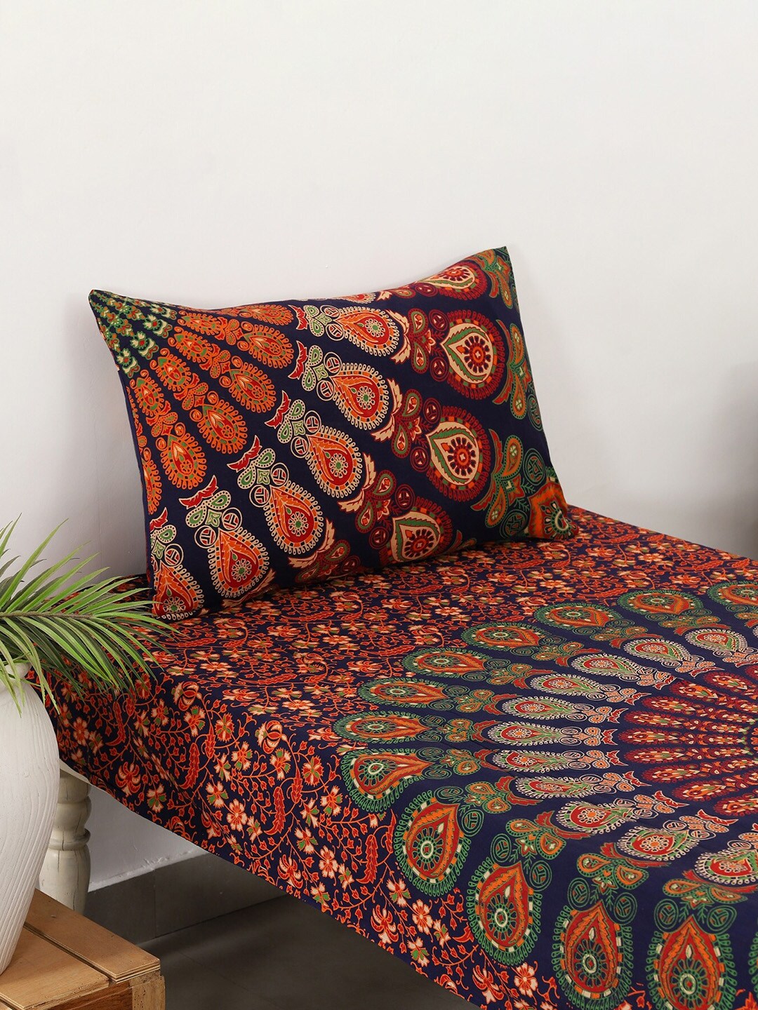 HANDICRAFT PALACE Blue And Red 144 TC Mandala Cotton Single Bedsheet With 1 Pillow Cover Price in India