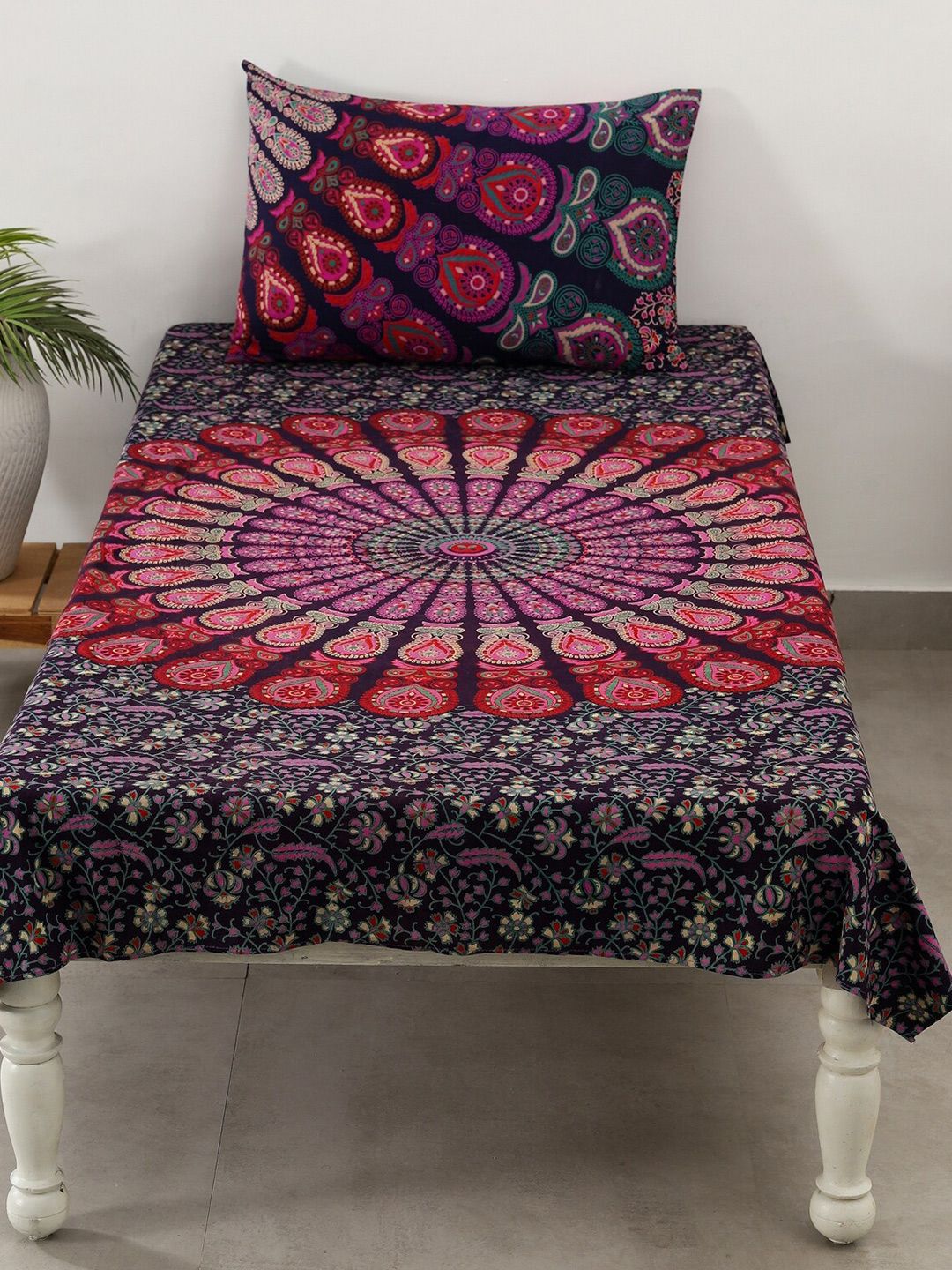 HANDICRAFT PALACE Purple & Red Ethnic Motifs 144 TC Single Bedsheet with 1 Pillow Covers Price in India
