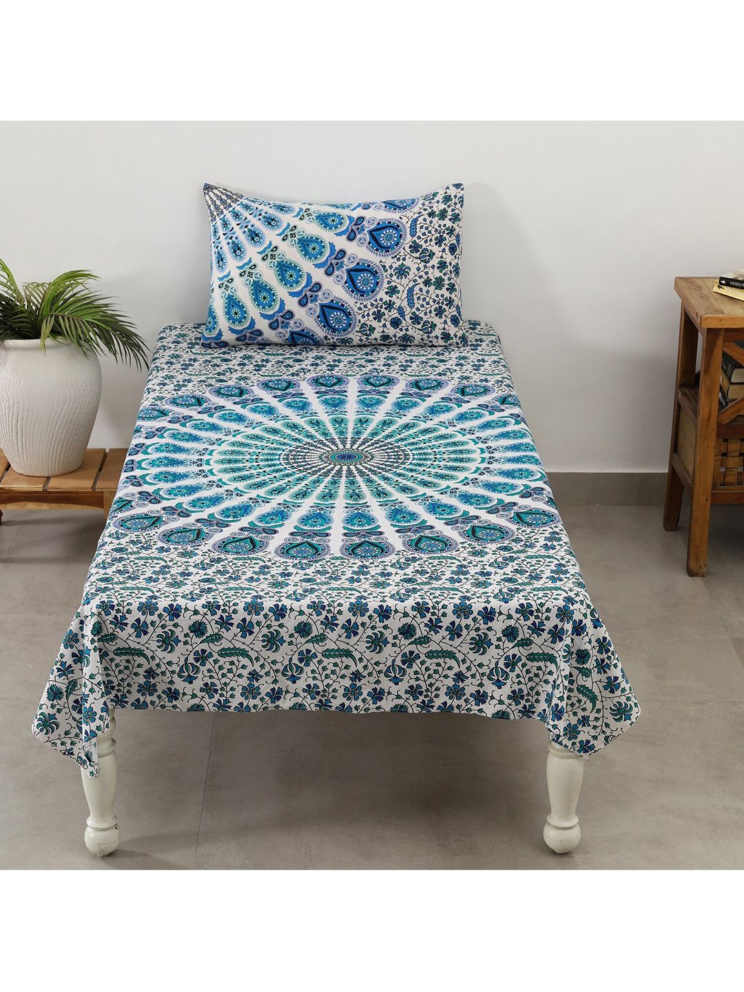 HANDICRAFT PALACE White & Blue Ethnic Motifs 144 TC Single Bedsheet with 1 Pillow Covers Price in India