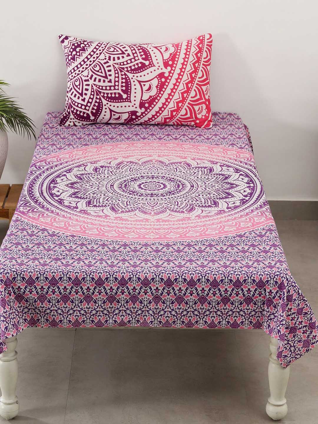 HANDICRAFT PALACE Pink & Maroon Ethnic Motifs 144 TC Queen Bedsheet with 1 Pillow Covers Price in India