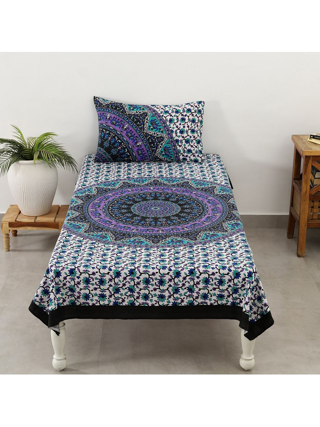HANDICRAFT PALACE Purple & Green Ethnic Motifs 144 TC Single Bedsheet with 1 Pillow Covers Price in India