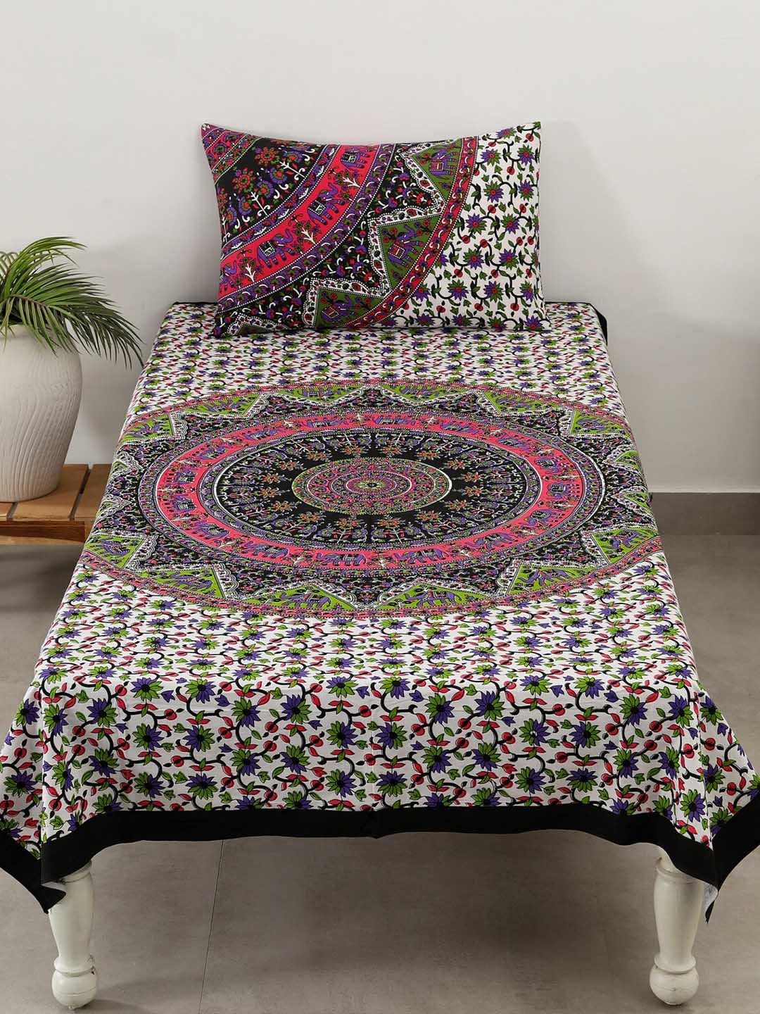 HANDICRAFT PALACE White & Black Ethnic Motifs Printed 144 TC Single Bedsheet with 1 Pillow Covers Price in India